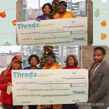 Two oversized checks with recipients.